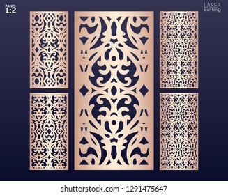 Laser cut ornamental panels set with pattern, template for cutting. Ratio 1:2. Wedding invitation or greeting card template. Cabinet fretwork screen. Metal design, wood carving.