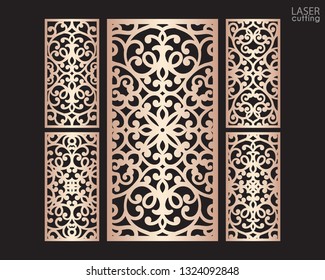 Laser cut ornamental panels set with pattern, template for cutting. Ratio 1:2. Wedding invitation or greeting card template. Cabinet fretwork screen. Metal design, wood carving.