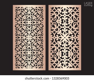 Laser cut ornamental panels set with pattern, template for cutting. Ratio 1:2. Wedding invitation or greeting card template. Cabinet fretwork screen. Metal design, wood carving.