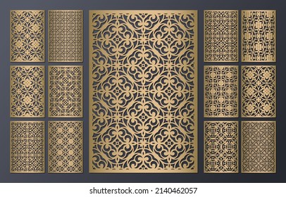 Laser cut ornamental panels set. Template for wedding invitation or greeting card. Cabinet fretwork screen. Metal design, wood carving, vector.