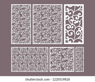 Laser cut ornamental panels template set with swirls pattern. Ratio 1:1, 1:2, 1:3, 1:4, 2:3, 3:4. Interior screen, wall or window panel cutting template, wood carving.