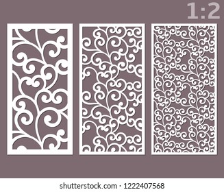 Laser cut ornamental panels template set with swirls pattern. Ratio 1:2. Interior screen, wall or window panel cutting template, wood carving.