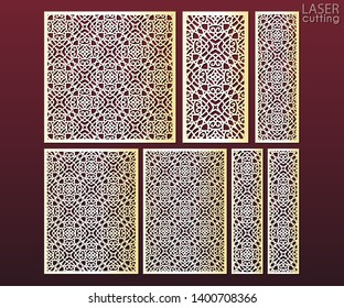 Laser cut ornamental panels template set with ornamental pattern in arabic style. Ratio 1:1, 1:2, 1:3, 1:4, 2:3, 3:4. Interior screen, wall or window panel cutting template, wood carving.