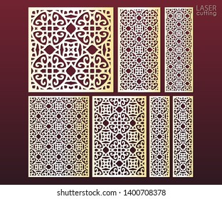 Laser cut ornamental panels template set with ornamental pattern in arabic style. Ratio 1:1, 1:2, 1:3, 1:4, 2:3, 3:4. Interior screen, wall or window panel cutting template, wood carving.