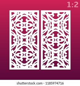 Laser cut ornamental set panel templates with pattern. May be use for die cutting. Lazer cut card. Template for wedding invitation. Cabinet fretwork screen. Lasercut metal panel. Wood carving.