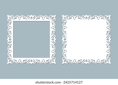 Laser cut ornamental square frame template, vector.