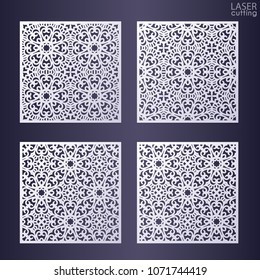 Laser cut ornamental square panel set with lace pattern. Beautiful openwork templates of wedding invitation or greeting card, gift box wall. Cabinet fretwork screen. Metal design, wood carving.