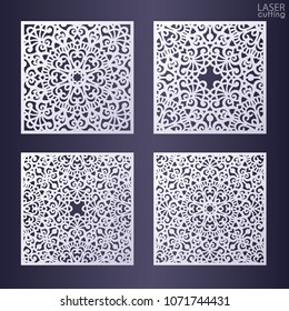 Laser cut ornamental square panel set with lace pattern. Beautiful openwork templates of wedding invitation or greeting card, gift box wall. Cabinet fretwork screen. Metal design, wood carving.