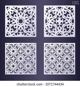 Laser cut ornamental square panel set with lace pattern. Beautiful openwork templates of wedding invitation or greeting card, gift box wall. Cabinet fretwork screen. Metal design, wood carving.