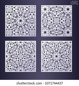 Lasergeschnittenes quadratisches Zierpaneel-Set mit Spitzen-Muster. Schöne offene Vorlagen von Hochzeitseinladung oder Grußkarte, Geschenkbox Wand. Schrank fretwork Bildschirm. Metalldesign, Holzschnitzerei.