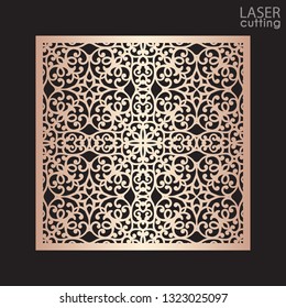 Laser cut ornamental square panel with pattern, template for cutting. Wedding invitation or greeting card template. Cabinet fretwork screen. Metal design, wood carving.