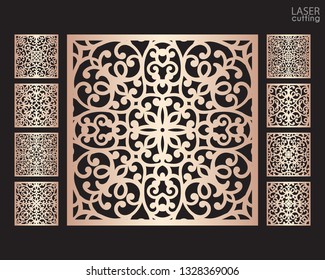 Laser cut ornamental square panels set with pattern, template for cutting. Wedding invitation or greeting card template. Cabinet fretwork screen. Metal design, wood carving.