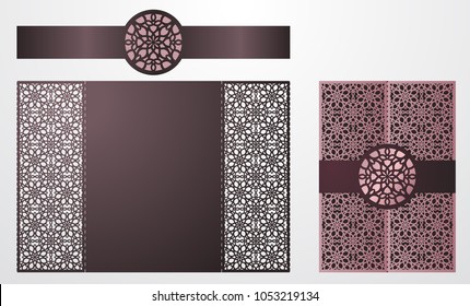 Laser cut ornamental vector template. Luxury Greeting card, envelope or wedding invitation card template. Die cut paper gate fold card with openwork ornament. Cut Out paper card for laser cutting
