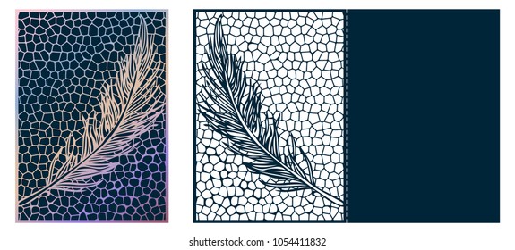 Laser cut ornamental vector template. Luxury Greeting card, Pocket Envelope Cover, Favor birthday card or wedding invitation card template. Die cut paper card with openwork ornament with Feather.