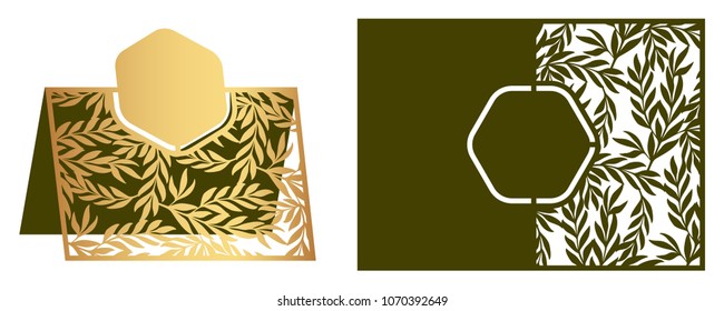 Laser cut ornamental vector template with floral pattern. Freestanding table Number, Name, Place, Wedding seats, Escort card. Die cut paper card with openwork ornament with olive leaves and branches.