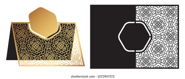 Laser cut ornamental vector template. Freestanding table Number, Name, Place, Wedding seats card, Table guests or dining table card, Escort card. Cut Out paper map for laser cutting