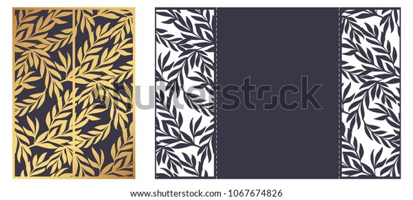Laser cut ornamental vector template. Luxury Greeting\
card, envelope or wedding invitation template. Die cut paper gate\
fold card with openwork floral ornament  with leaves. Olive\
branches pattern. 