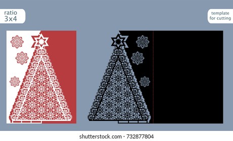 Laser cut  out christmas card template. Die cut paper card with pattern of christmas tree . Cutout paper gate fold card for laser cutting or die cutting template. Vector.