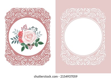 Laser cut oval lace frame template and stencil frame. Vintage background with roses, vector.