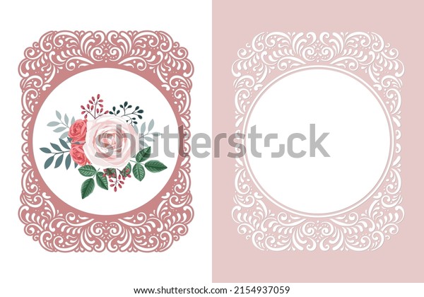 Laser cut oval lace frame template\
and stencil frame. Vintage background with roses,\
vector.