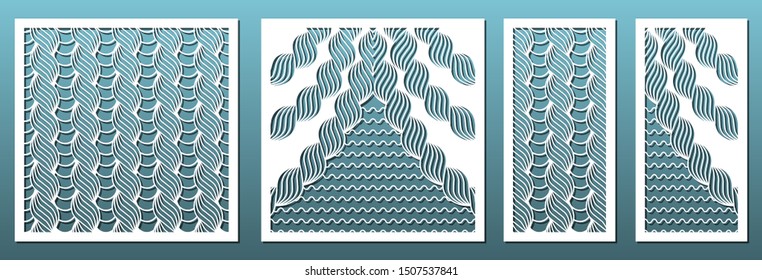 Laser cut pamels template, abstract geometric pattern. Metal decorative cutout, wood carving, fretwork stencil, paper art.  For interior design, card background decoration, engraving. Vector set