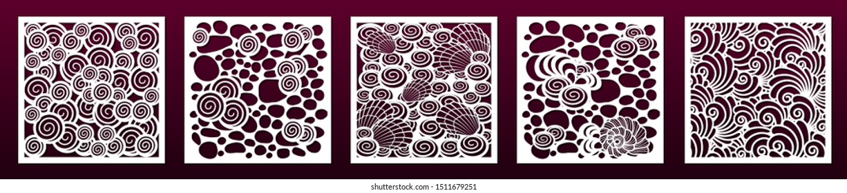 Laser cut pamels template, vector set. Abstract underwater design with seashells. Stencils, die for metal cutting, paper art, fretwork, wood carving,For card decoration, interior design elements.