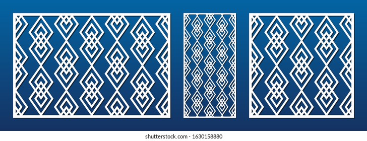 Laser cut panel. Abstract geometric pattern with lines, diamonds, rhombuses. Elegant decorative template for wood, paper card, metal cutting, engraving, fretwork, carving. Aspect ratio 3:2, 1:2, 1:1