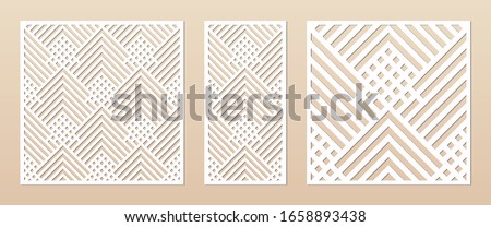 Laser cut panel. Abstract geometric pattern with lines, rhombuses, squares. Elegant decorative template for wood cut, paper card, metal cutting, engraving, fretwork, carving. Aspect ratio 1:1, 1:2