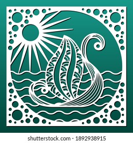 Laser cut panel. Cnc cutting stencil for home decor, wall hanging, paper art, decorative tile. Sea waves and boat. Vector illustration