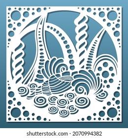 Laser cut panel, CNC cutting stencil. Underwater sea world with seashells, reefs and weeds. Paper art, wall hanging, tile, room privacy screen for home interior design. Vector illustration
