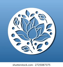 Laserschneidplatte, CNC-Schneiden oder Gravieren Mandala Schablone. Blumenmuster, exotische Blumen und Blätter, orientalisch-asiatische dekorative Wandkunst oder Untersetzer. Home Inneneinrichtung Handwerk. Papier, Metall oder Glas geschnitzt Element. Vektorgrafik