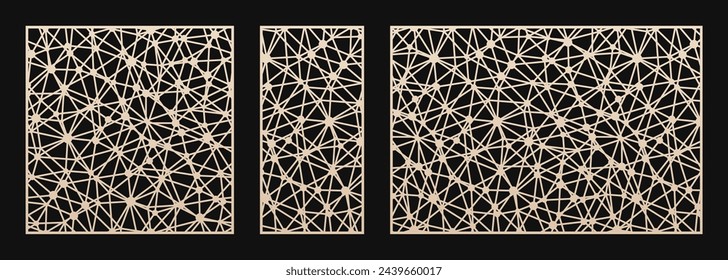 Laser cut panel. Cutout silhouette with abstract geometric pattern, lines, modes, triangles, grid, neural lattice. Template for CNC cutting of wood, metal, plastic, paper. Aspect ratio 1:1, 1:2, 3:2