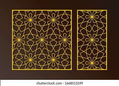 Diseño decorativo del panel de corte láser. Silueta de corte con un patrón geométrico arabico. Apropiado para impresiones, esténcil de corte láser, decoraciones de madera y metal.