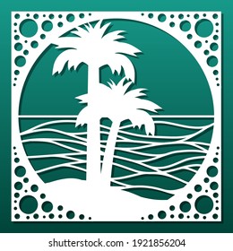 Laser cut panel or decorative tile, cnc cutting stencil. Palms and sea waves. Wall art, home interior design, room screen, paper art. Vector illustration