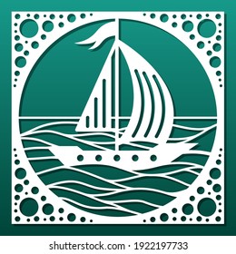 Laser cut panel or decorative tile, cnc cutting stencil. Sea waves and sail boat silhouette for wall art, home interior design, paper art. Vector illustration