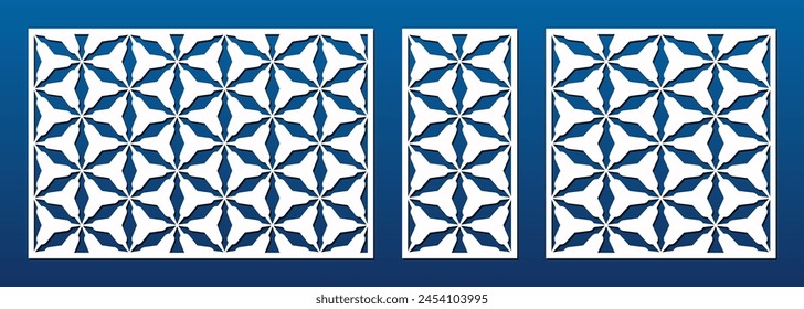 Laser cut panel design. Decorative vector pattern with ornamental grid, abstract triangle lattice, floral elements. Template for CNC cutting of wood, metal, plastic, paper. Aspect ratio  3:2, 1:2, 1:1