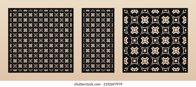 Laser cut panel design. Vector pattern with elegant grid, abstract ornaments, floral silhouettes, circles. Template for cnc cutting, decorative panels of wood, metal, paper. Aspect ratio 1:2, 1:1