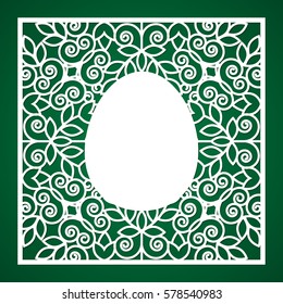 Laser cut panel with easter egg. Template for Happy Easter greeting card. Patterned frame for festive text.