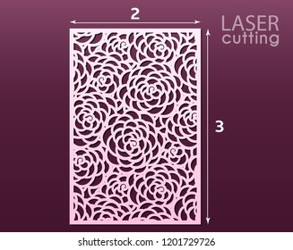 Laser cut panel with floral pattern of peony flowers, template for laser cutting or wood carving, cutout paper decorative element, elegant tropical background for wedding invitation, vector.