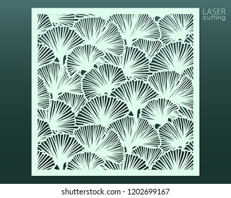 Laser cut panel with floral pattern of ginkgo leaves, template for laser cutting or wood carving, cutout paper decorative element, elegant tropical background for wedding invitation, vector.