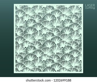 Laser cut panel with floral pattern of ginkgo leaves, template for laser cutting or wood carving, cutout paper decorative element, elegant tropical background for wedding invitation, vector.