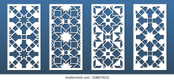 Laser cut panel, geometric islamic pattern. CNC cutting, wall art, home interior decor, room privacy screen. Paper art, card background. Arabic ornament. Vector illustration