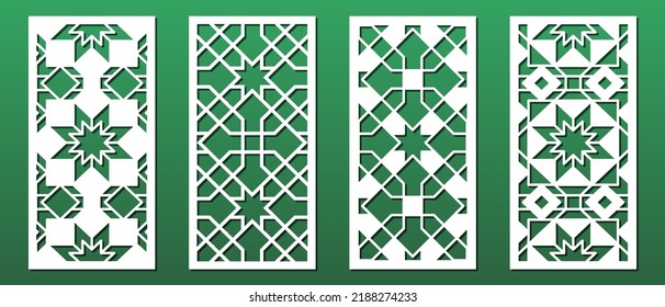 Panel de corte láser, patrón islámico geométrico. Recorte CNC, arte en la pared, decoración interior casera, pantalla de privacidad de la habitación. Arte de papel, fondo de tarjeta. Ornamento árabe. Ilustración del vector