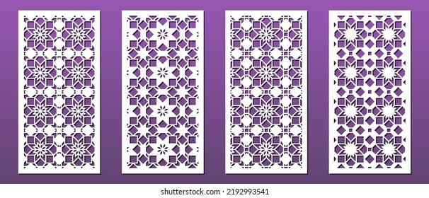 Laser cut panel, geometric islamic pattern. CNC cutting, wall art, home interior decor, room privacy screen. Paper art, card background. Arabic ornament. Vector illustration