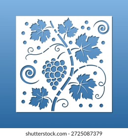 Laser cut panel for home decor. Floral pattern with grape on the branch with eaves. CNC cutting and engraving. Interior room divider screen, wall art, square coaster, fence decor,  papercut card background. Vector illustration, hand made pattern