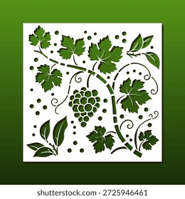 Laser cut panel for home decor. Floral pattern with grape on the branch with eaves. CNC cutting and engraving. Interior room divider screen, wall art, square coaster, fence decor,  papercut card background. Vector illustration, hand made pattern