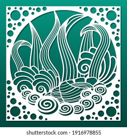 Panel de corte láser con diseño subacuático náutico. Plantilla de corte CNC, grabado o patrón de impresión.  Arte mural, decoración casera, biombo de habitación o pantalla. Cojeras marinas y plantas. Ilustración del vector