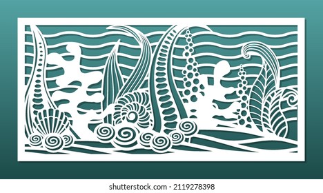 Laser cut panel with ocean underwater design. CNC cutting template, wall art, room privacy screen, wall hanging, for home interior. Undersea world, coral reef, weeds, seashells. Vector illustration