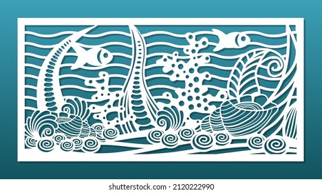 Laser cut panel with ocean underwater design. CNC cutting template, wall art, room privacy screen, wall hanging, for home interior. Undersea world, coral reef, weeds, seashells. Vector illustration