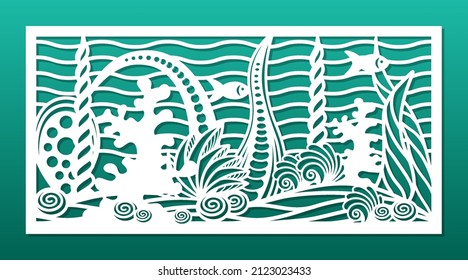 Laser cut panel with ocean underwater design. CNC cutting template, wall art, room privacy screen, wall hanging, for home interior. Undersea world, coral reef, weeds, seashells. Vector illustration